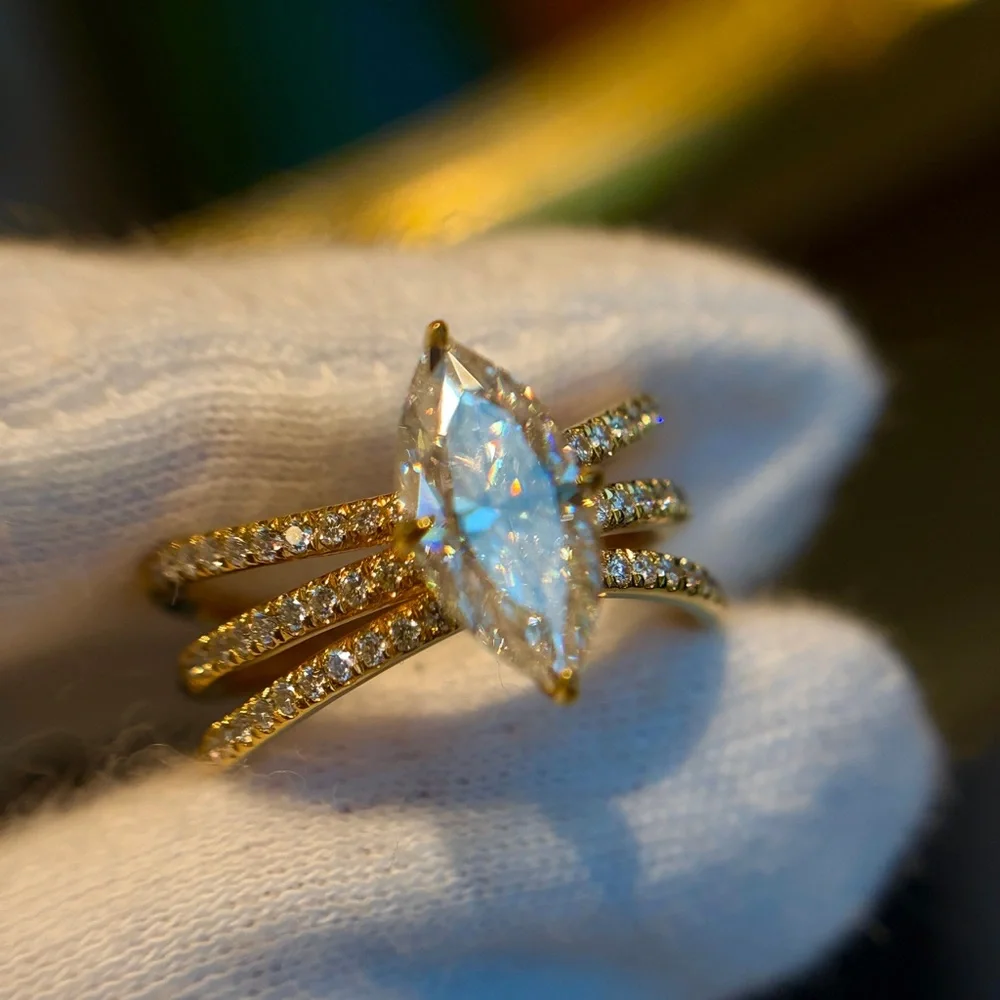 New Certified 18K Gold Plated S925 2CT Marquise Moissanite Stacked bridal Ring 7